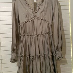 Women's Taupe Ruffle Tiered Long Sleeve Dress